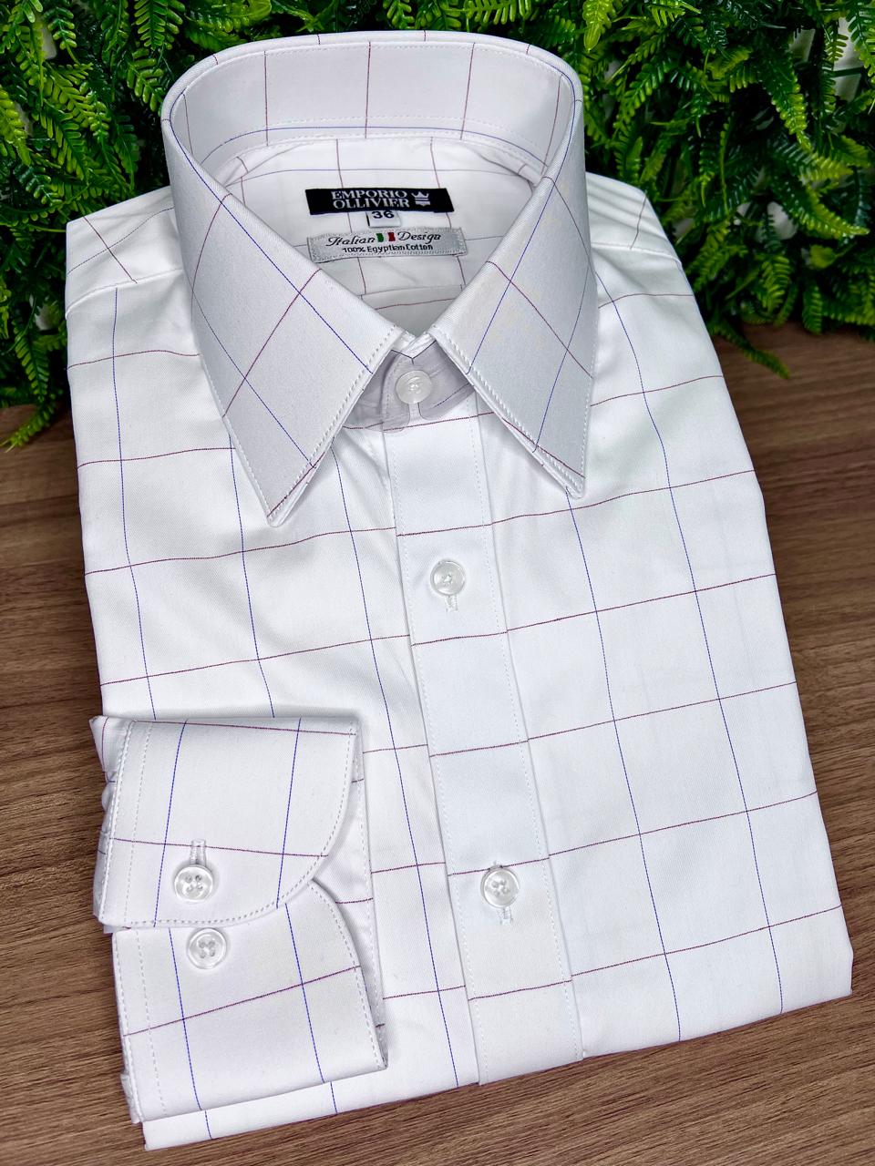 Camisa Fio Egípcio Designer Italiano Bianco Bordeaux