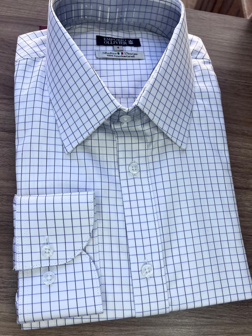 Camisa Fio Egípcio Designer Italiano Bianco Quadretti Blu