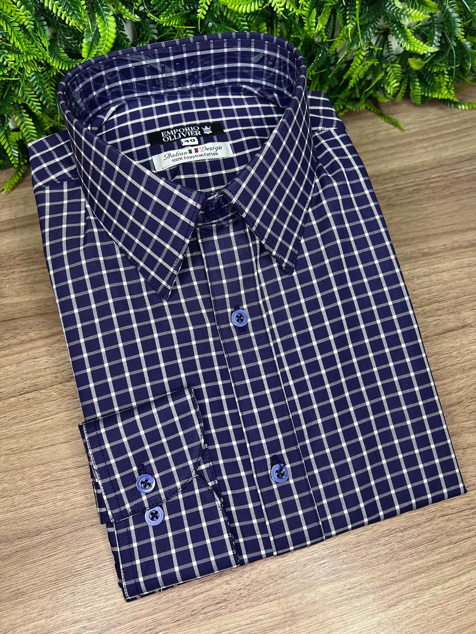 Camisa Fio Egípcio Designer Italiano Blu Quadri