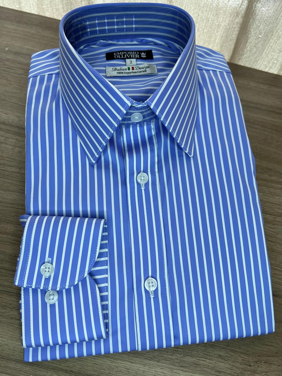 Camisa Fio Egípcio Designer Italiano Azzurro Riga Chiara