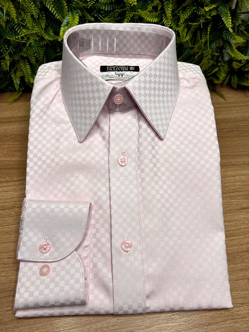 Camisa Fio Egípcio Designer Italiano Rosa Scacchi